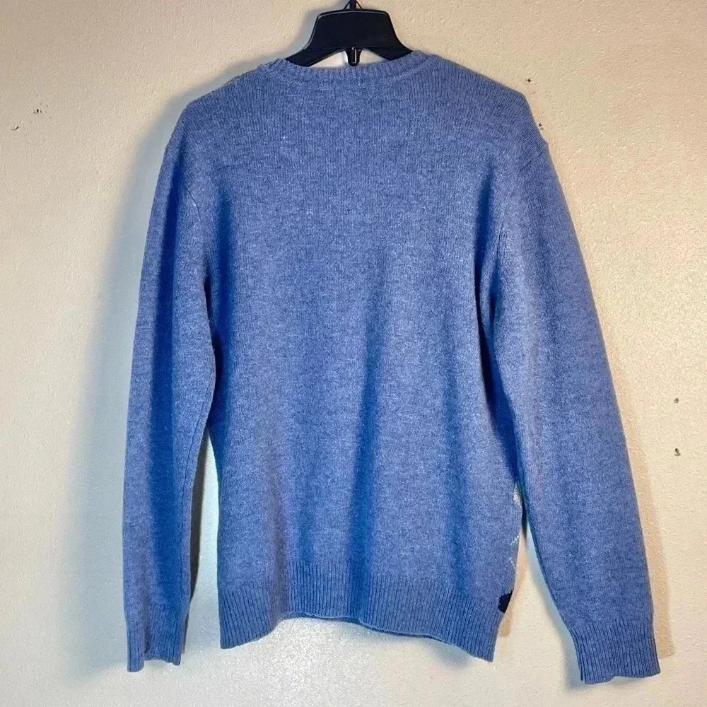 Club Room Mens Small Sweater V-Neck Diamond Argyle Print 100% Lambswool Blue